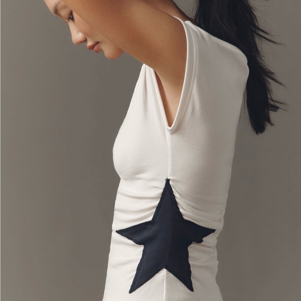 Anthropologie White v-neck ruched tee with Navy Star